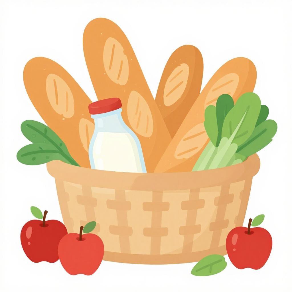 Een mand gevuld met diverse boodschappen zoals brood, melk en fruit.