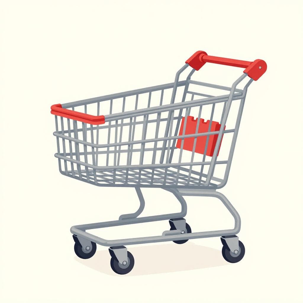 Een metalen boodschappenkarretje dat alleen staat in een lichte supermarktaisle.