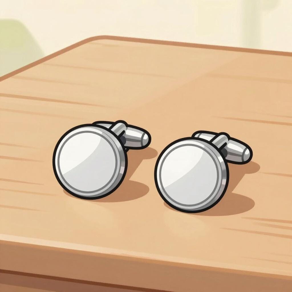 A pair of shiny silver decorative cufflinks resting on a flat surface.