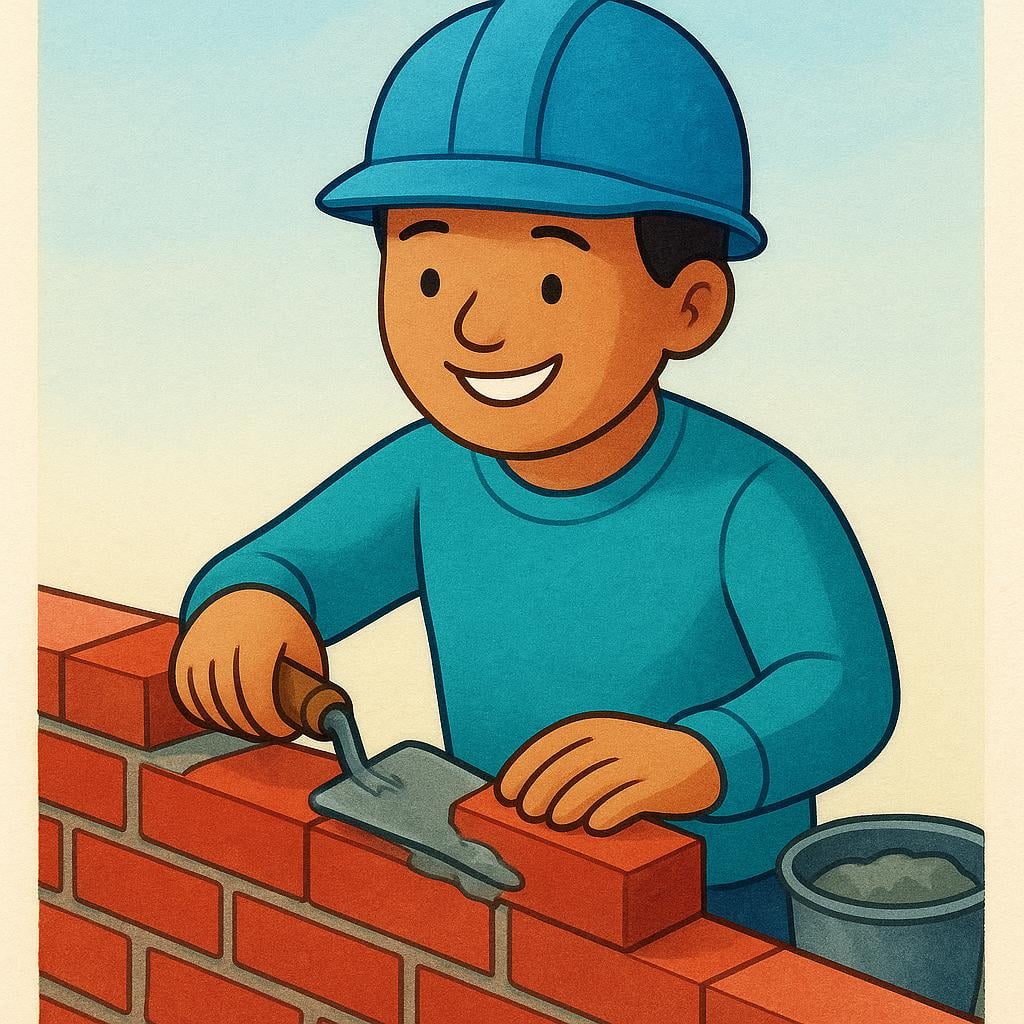 A cheerful figure wearing a yellow construction helmet is actively laying a red brick onto a wall using a silver trowel, indicating the action of working.