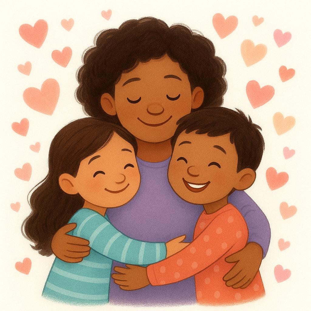 Three people (an adult and two children) embracing tightly and smiling happily, surrounded by small, floating hearts.