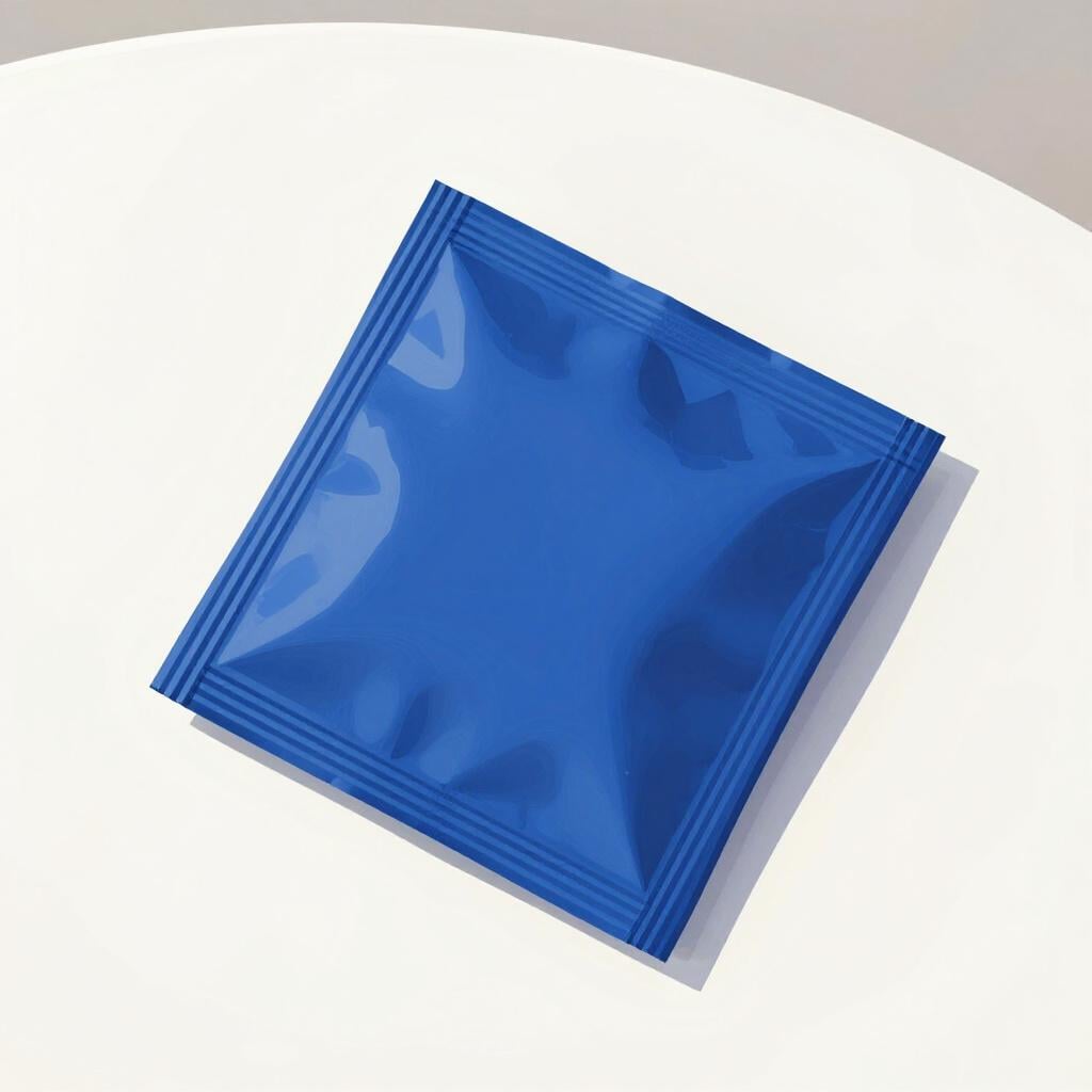 A colorful storybook illustration of a small, sealed, square foil packet on a clean surface.