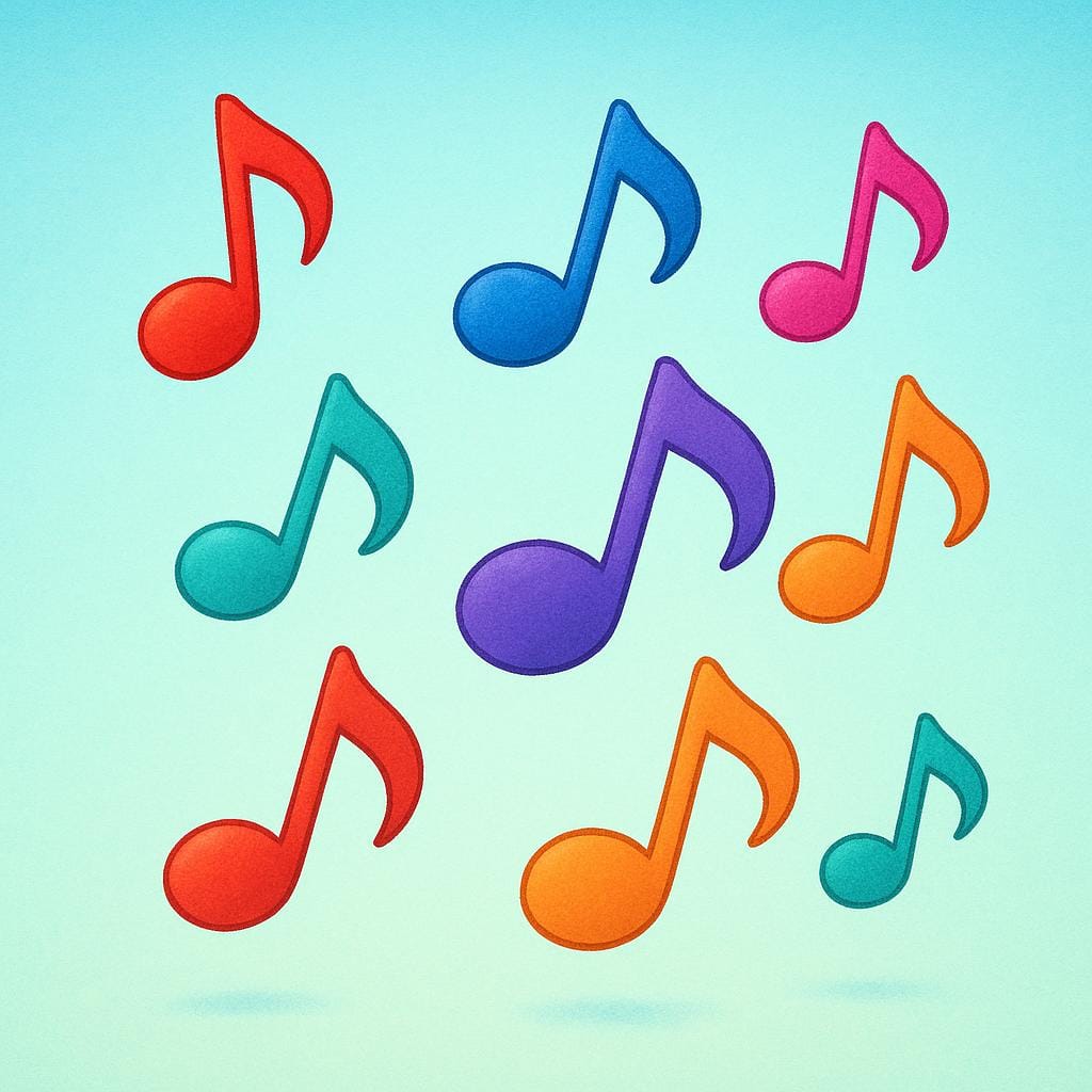 A vibrant illustration showing several colorful musical notes (like eighth notes) floating in the air against a bright background, symbolizing music.