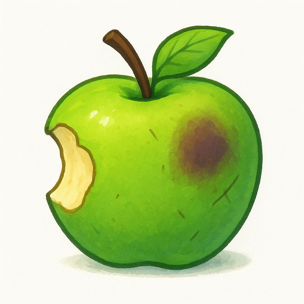 A colorful storybook illustration of a bitten apple with brown bruises and a small worm hole.