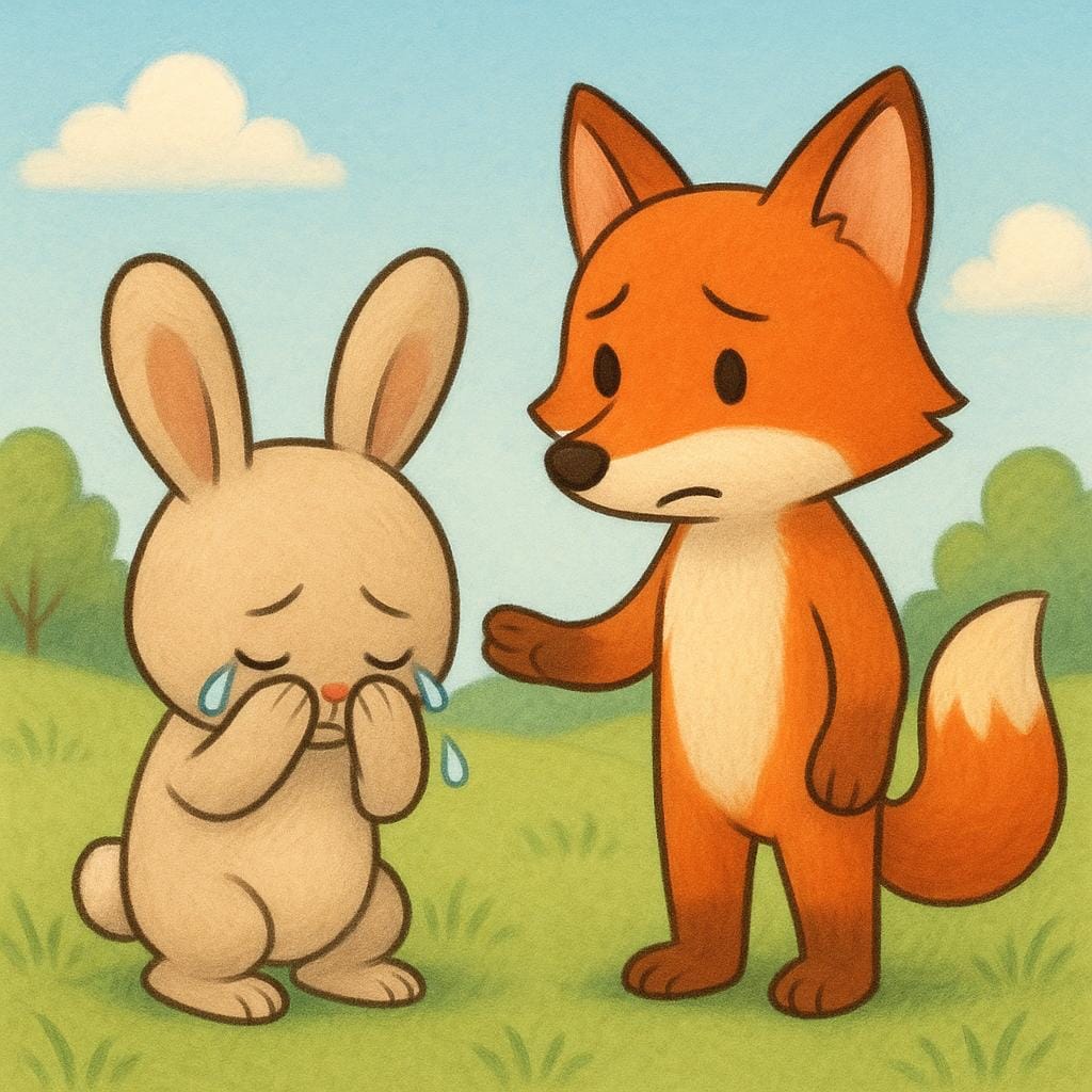A storybook illustration showing emotional distress. A small rabbit character is crying and covering its face with its paws while a fox character stands nearby looking concerned.
