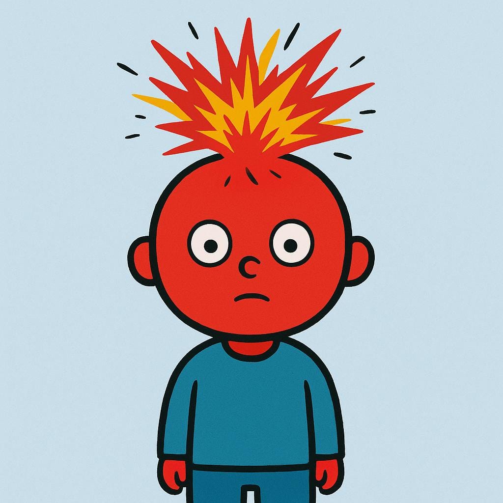 A storybook illustration of a simple character having an emotional outburst, shown by a volatile, jagged cloud of red and yellow lines erupting forcefully from the top of their head.