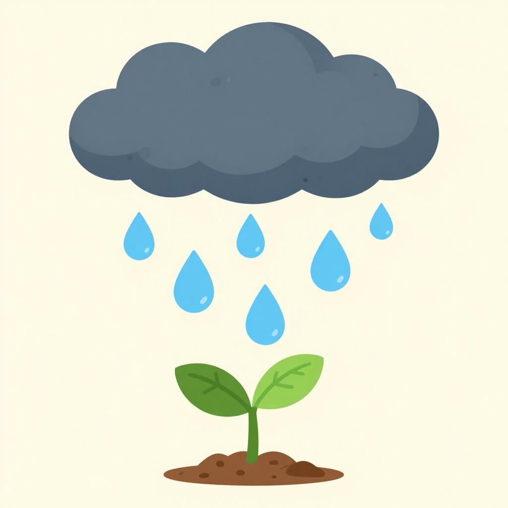 Una pesante nuvola di pioggia che annaffia un singolo germoglio verde brillante che cresce alto.