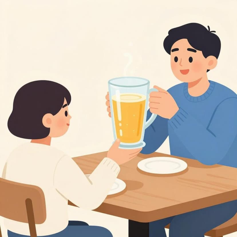 Een persoon die aan een kleine tafel zit en blij een grote, schuimende mok cider krijgt aangereikt van een vriend in een gezellige kamer.