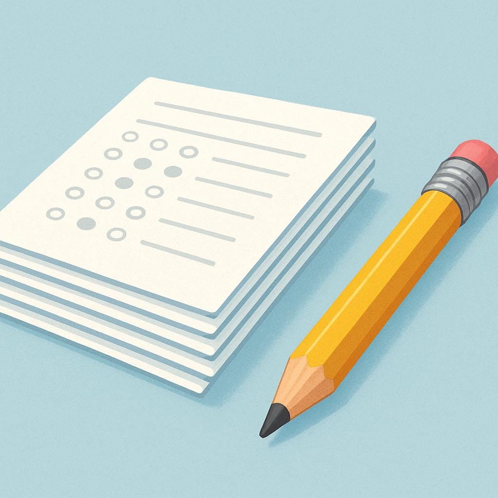 Um desenho simples de uma pilha organizada de papéis brancos retangulares, representando folhas de prova ou cadernos, ao lado de um lápis de madeira apontado e de cor viva.