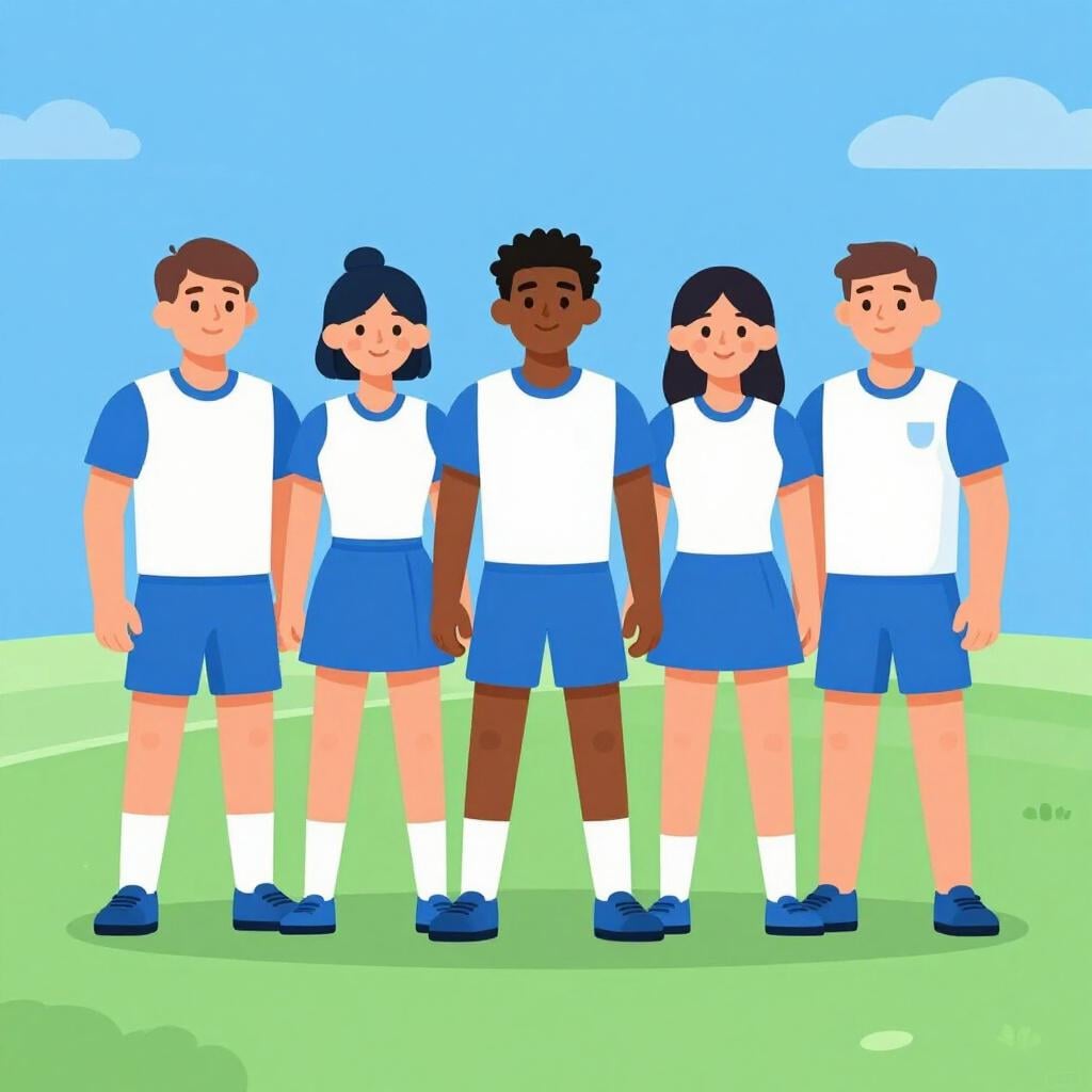 A group of diverse people in matching sports jerseys standing together in a line.