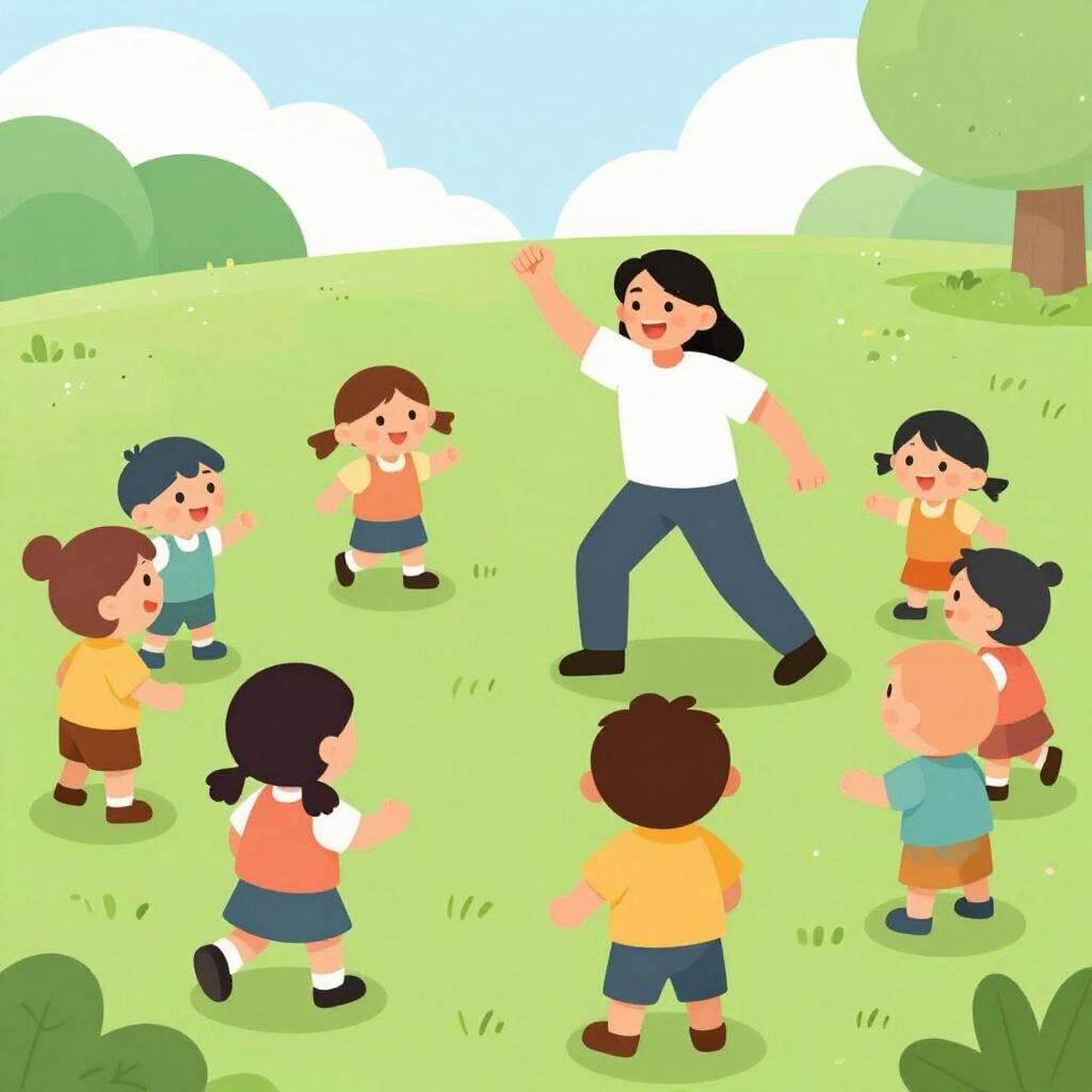 A smiling person in a bright uniform leading a group of children in a game of tag on a sunny lawn.