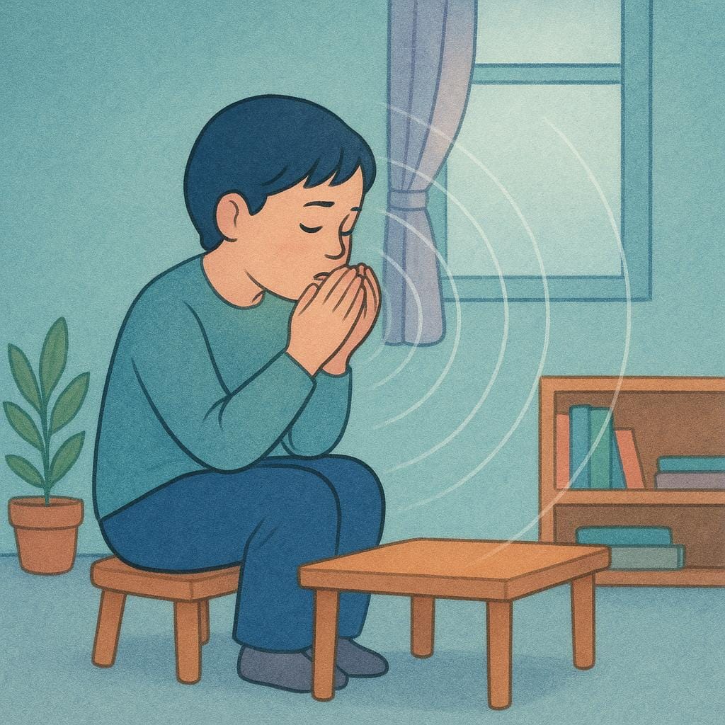Een kleurrijke illustratie van een persoon die alleen zit en zachtjes in zijn gevouwen handen spreekt, intens geconcentreerd op het geluid van zijn eigen stem, wat 'mijzelf horen' illustreert.