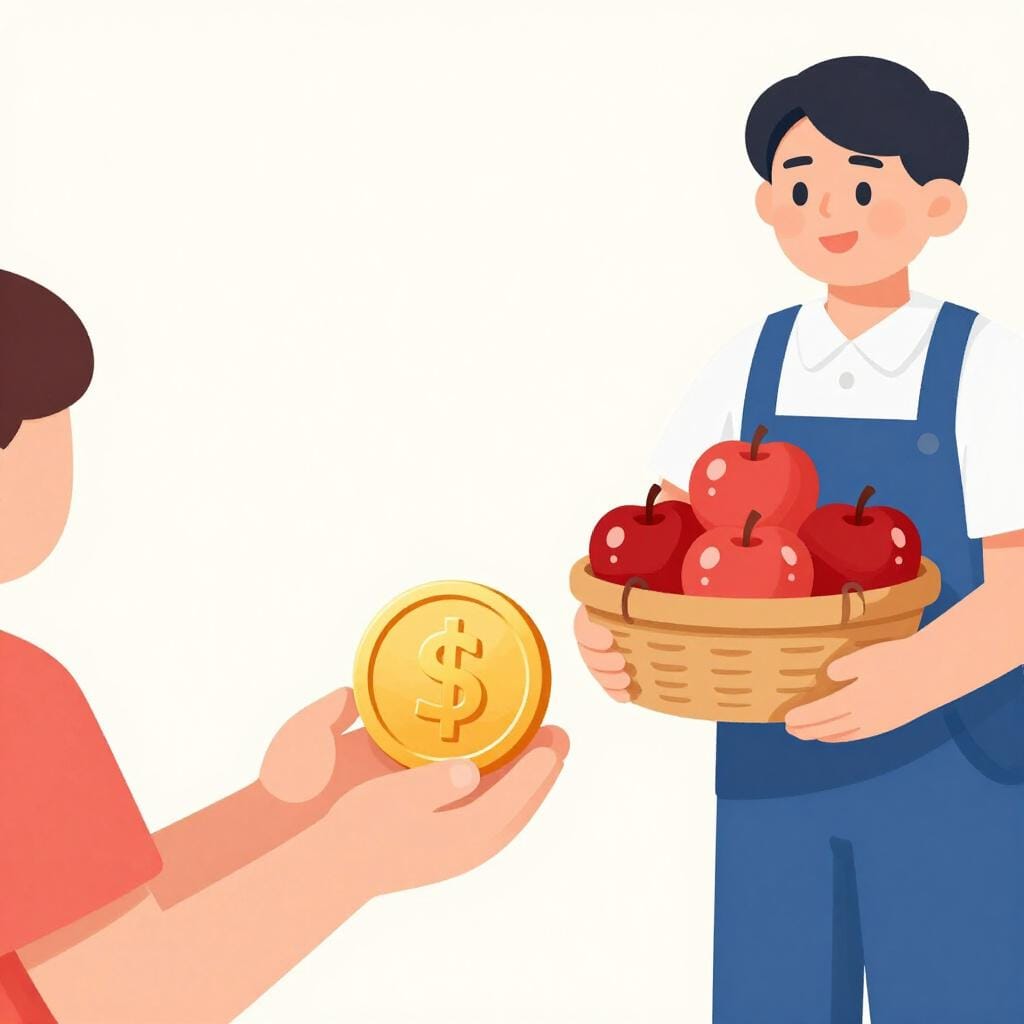 한 사람이 신선한 빨간 사과 바구니와 교환하여 다른 사람에게 금화 한 닢을 건네는 모습.