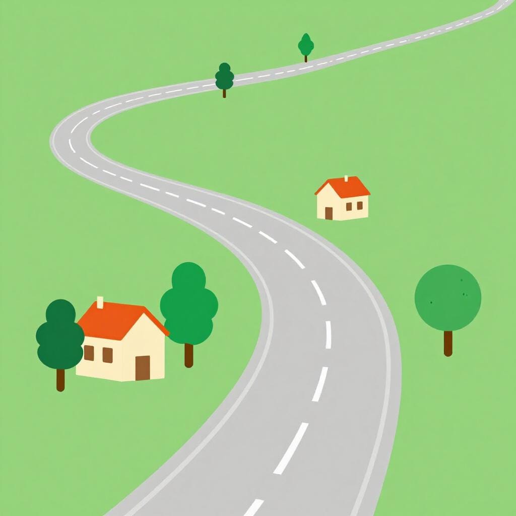 A winding road curving around a small cluster of houses and trees.