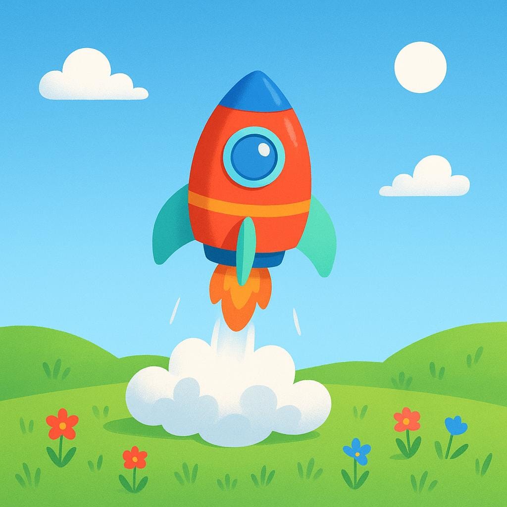 A colorful, stylized rocket lifting off from a launchpad, surrounded by clouds of smoke.