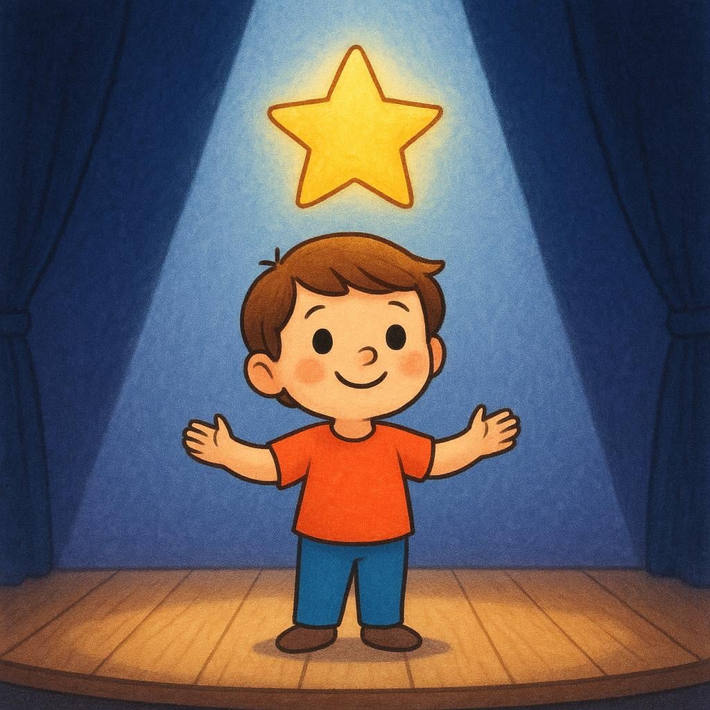 A child standing on a small stage under a bright spotlight. A single, large, glowing gold star hovers directly above the child's head, symbolizing exceptional talent.