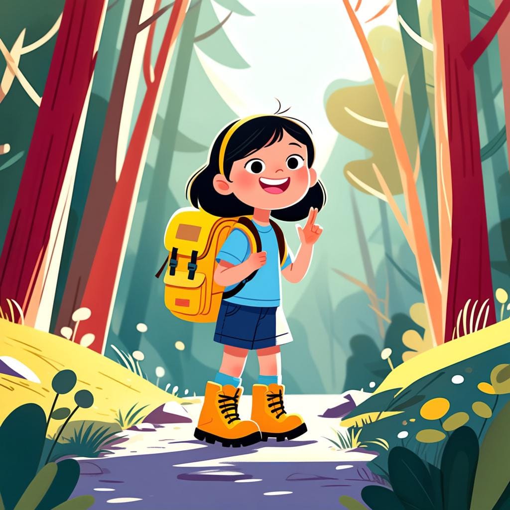 A young girl wearing a backpack and hiking boots, standing confidently at the start of a trail, indicating she is ready.