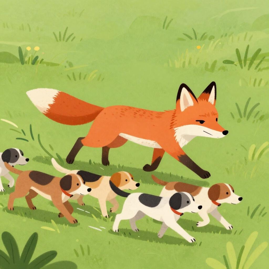A tired fox being pursued by a group of hounds across a grassy field.