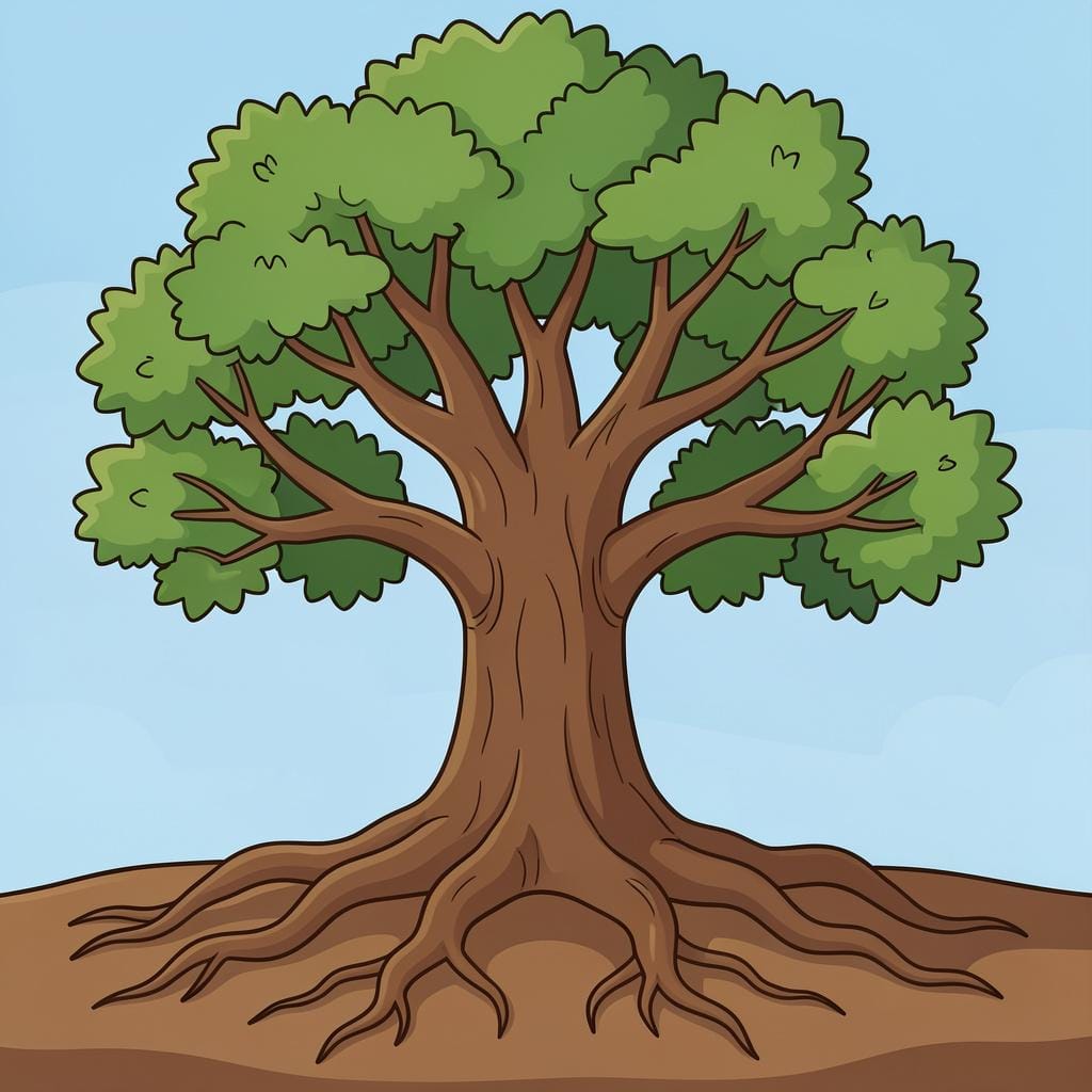A large, ancient oak tree with deep, visible roots and many branches, representing a family lineage.