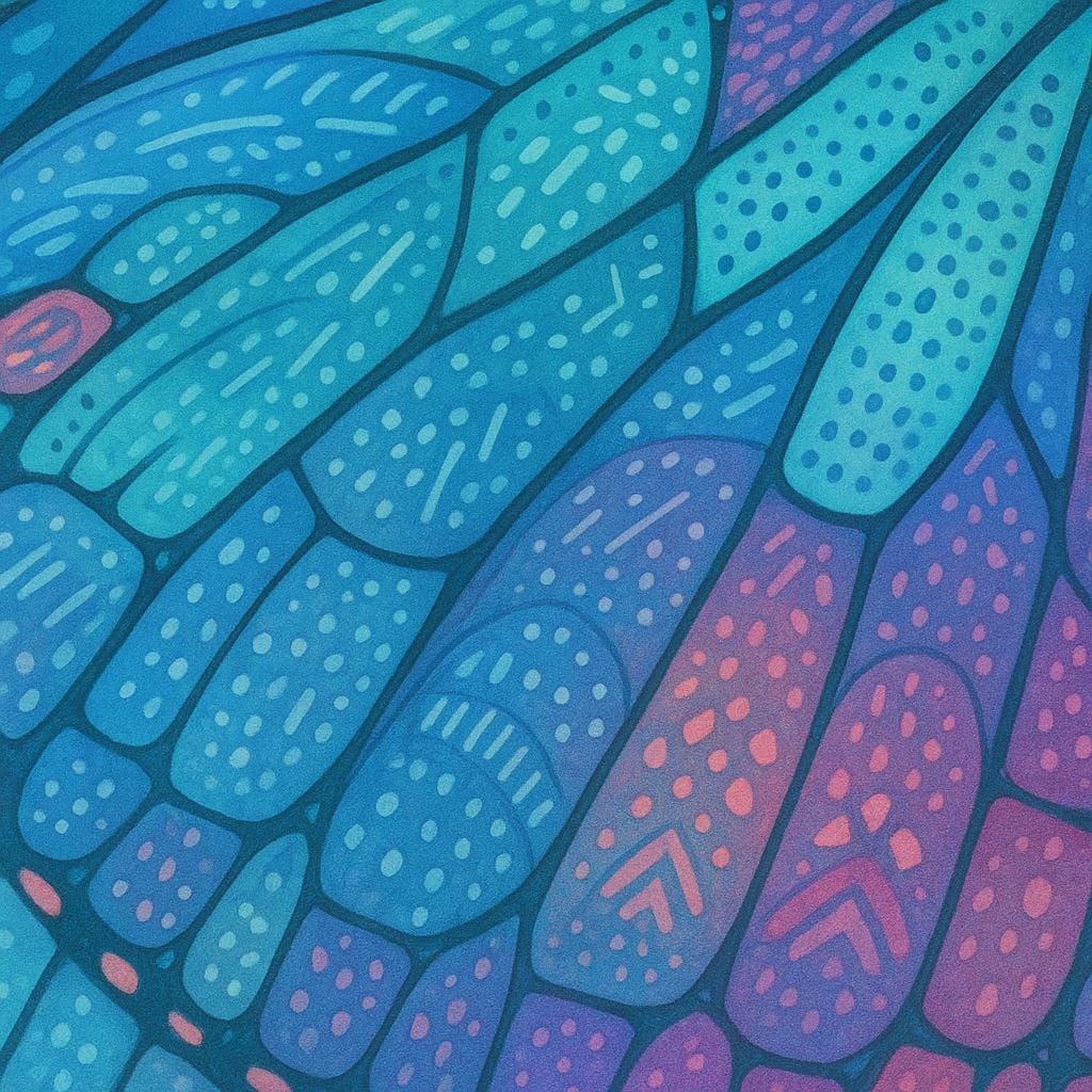 A close-up view of an intricately patterned butterfly wing, showing many small, distinct color spots and lines.