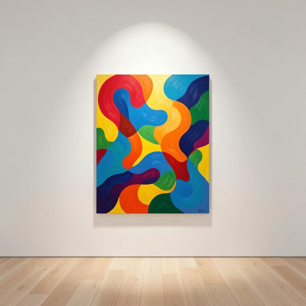 明るくモダンなアートギャラリー。白い壁に大きなカラフルな絵画が一枚展示されている。