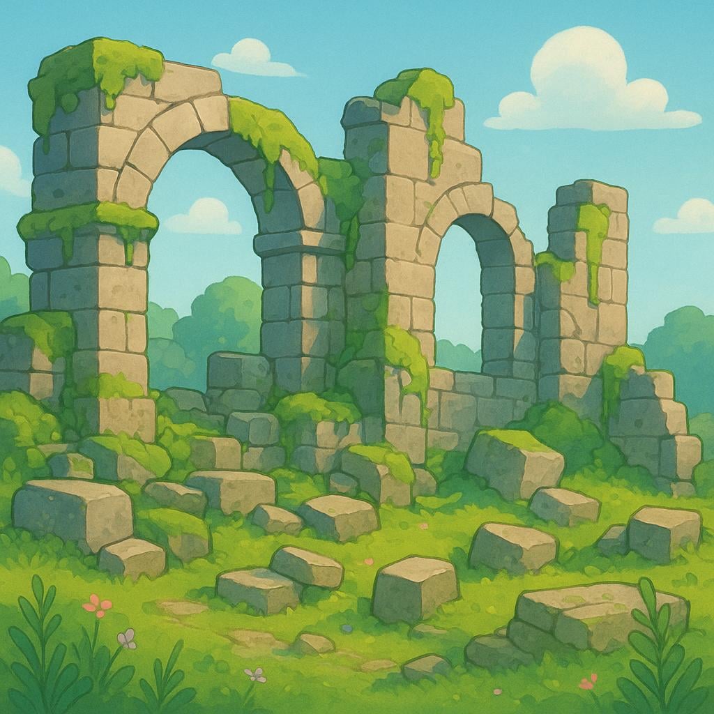 The broken stone walls and foundation of an old, ruined structure, partially overgrown, symbolizing destruction.