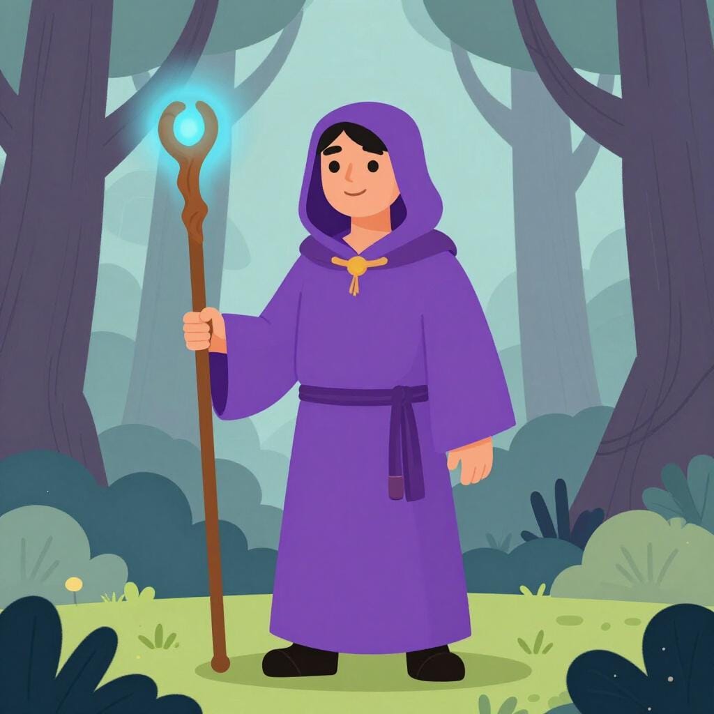 A man in a purple robe holding a glowing wooden staff in a forest.