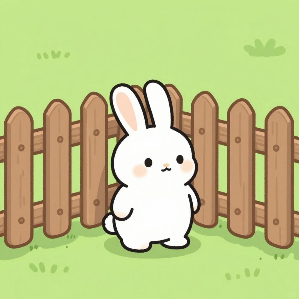A small white rabbit surrounded by three wooden fences in a corner.