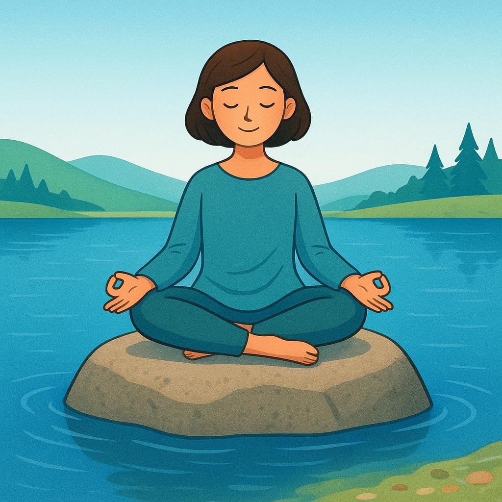 A peaceful person sitting cross-legged and balanced on a large, stable rock overlooking a calm, clear blue lake.