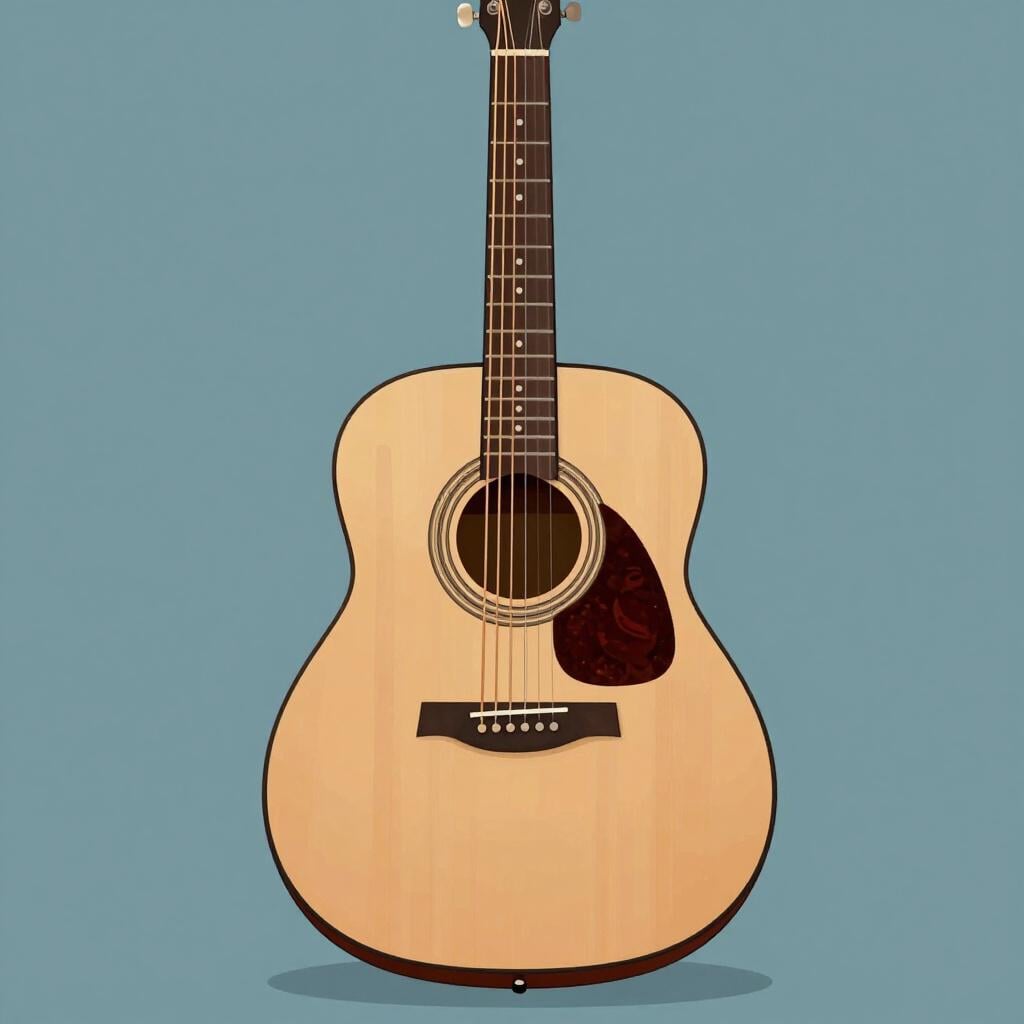 A classic wooden acoustic guitar resting against a simple white background.