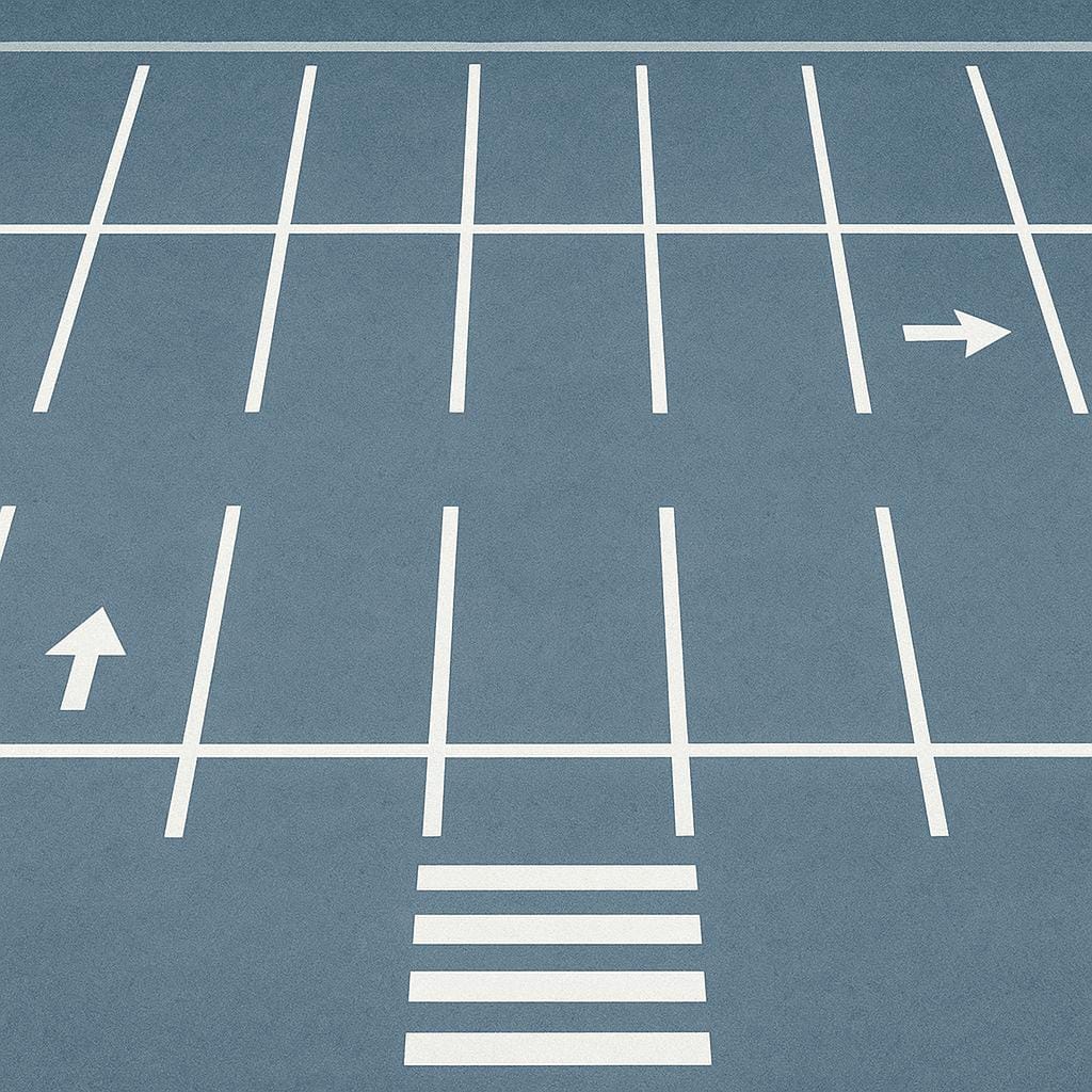 An overhead view of a large, clearly marked parking lot with many empty, white-lined spaces on asphalt.