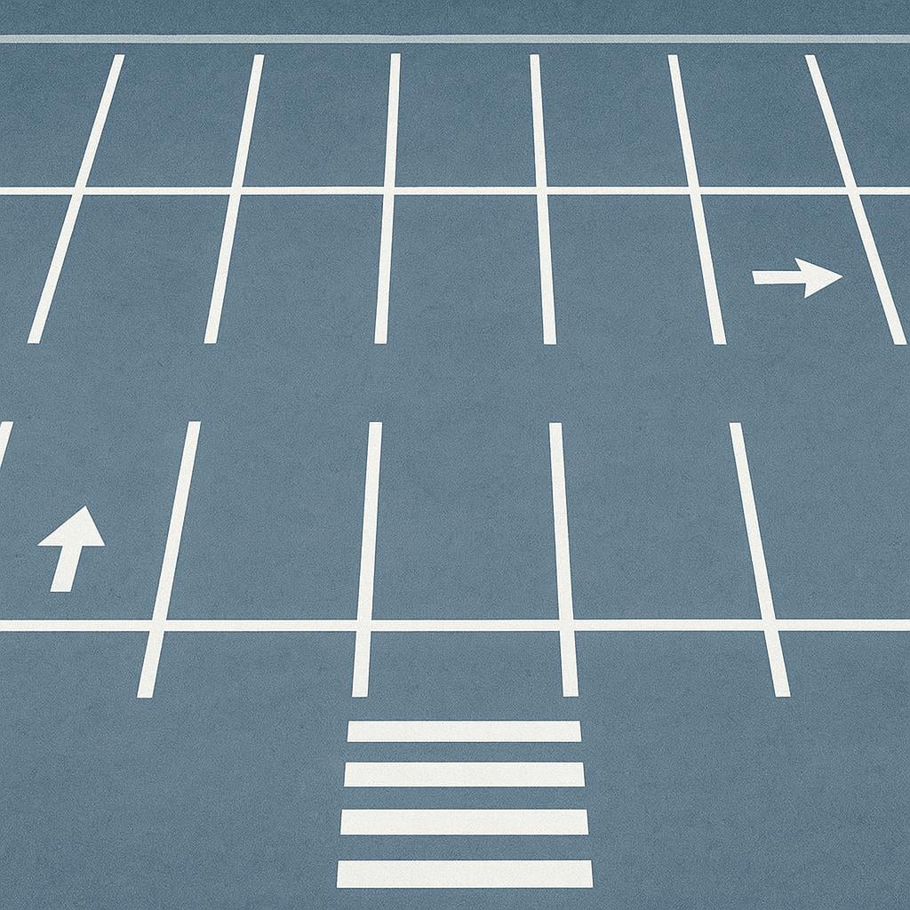 An overhead view of a large, clearly marked parking lot with many empty, white-lined spaces on asphalt.