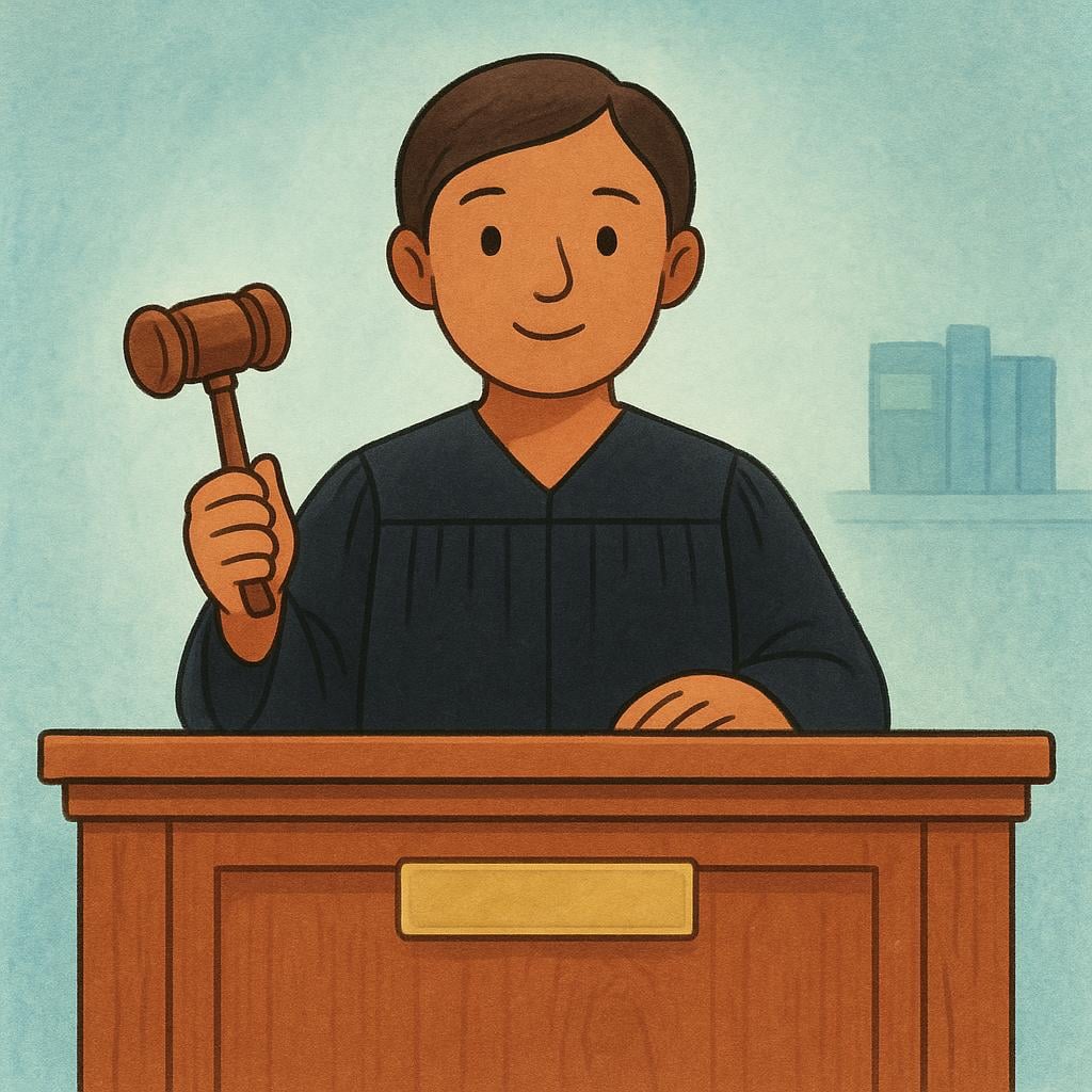 A serious person wearing a black robe sitting behind a large wooden bench in a simplified courtroom setting, holding a wooden gavel in one hand, symbolizing a legal official.