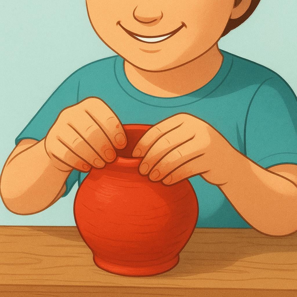 A cheerful person is actively shaping a bright red clay pot with their hands on a simple wooden table, illustrating the act of creation.