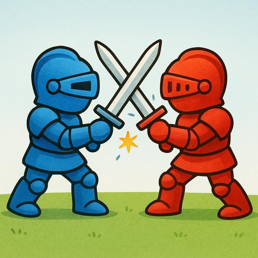 A storybook illustration showing two stylized knight figures, one blue and one red, fighting with swords on a simple green field, representing a military conflict.