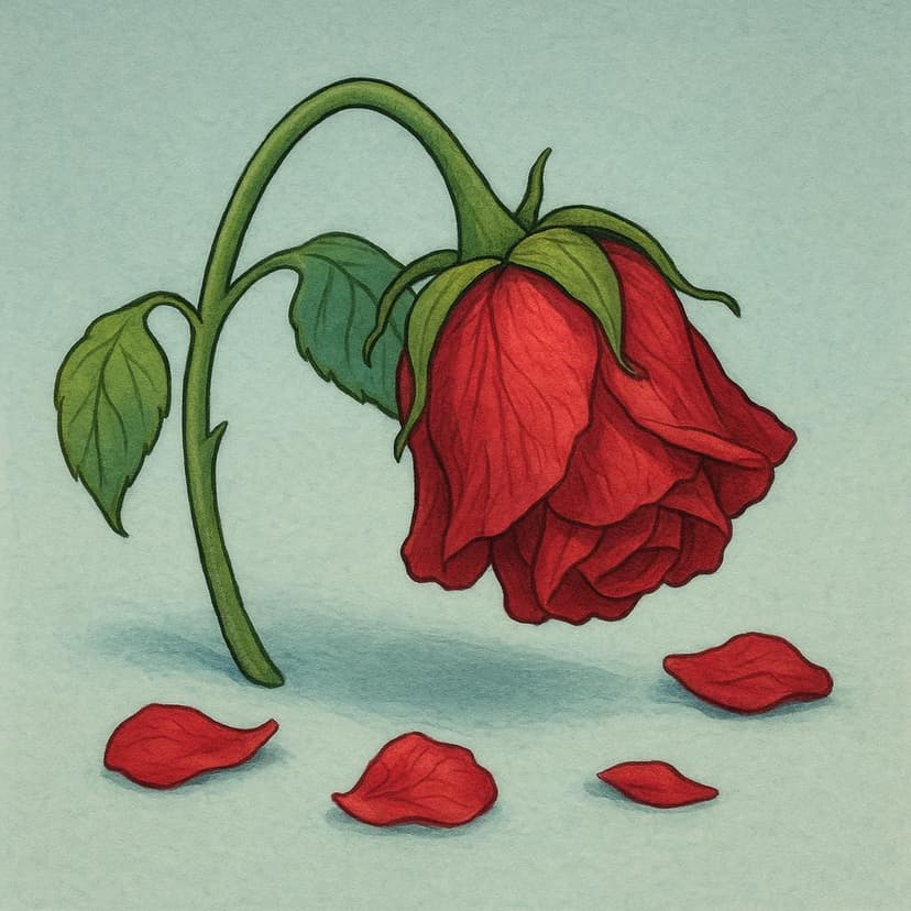 A close-up of a single red rose, completely wilted and brown, lying flat on the dark ground, symbolizing the end of life.