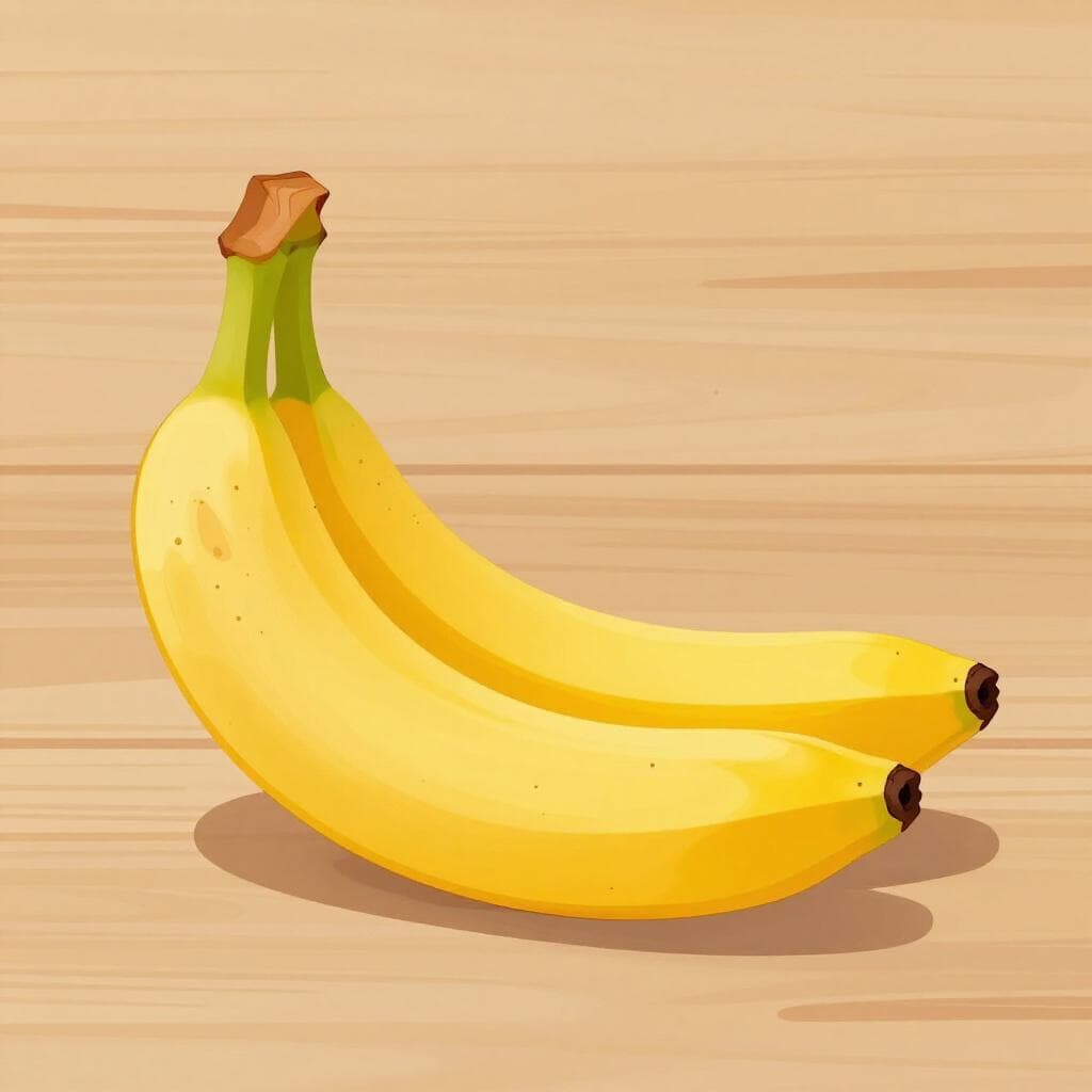 Uma banana amarela brilhante com algumas manchas marrons, parecendo perfeitamente madura e pronta para comer.