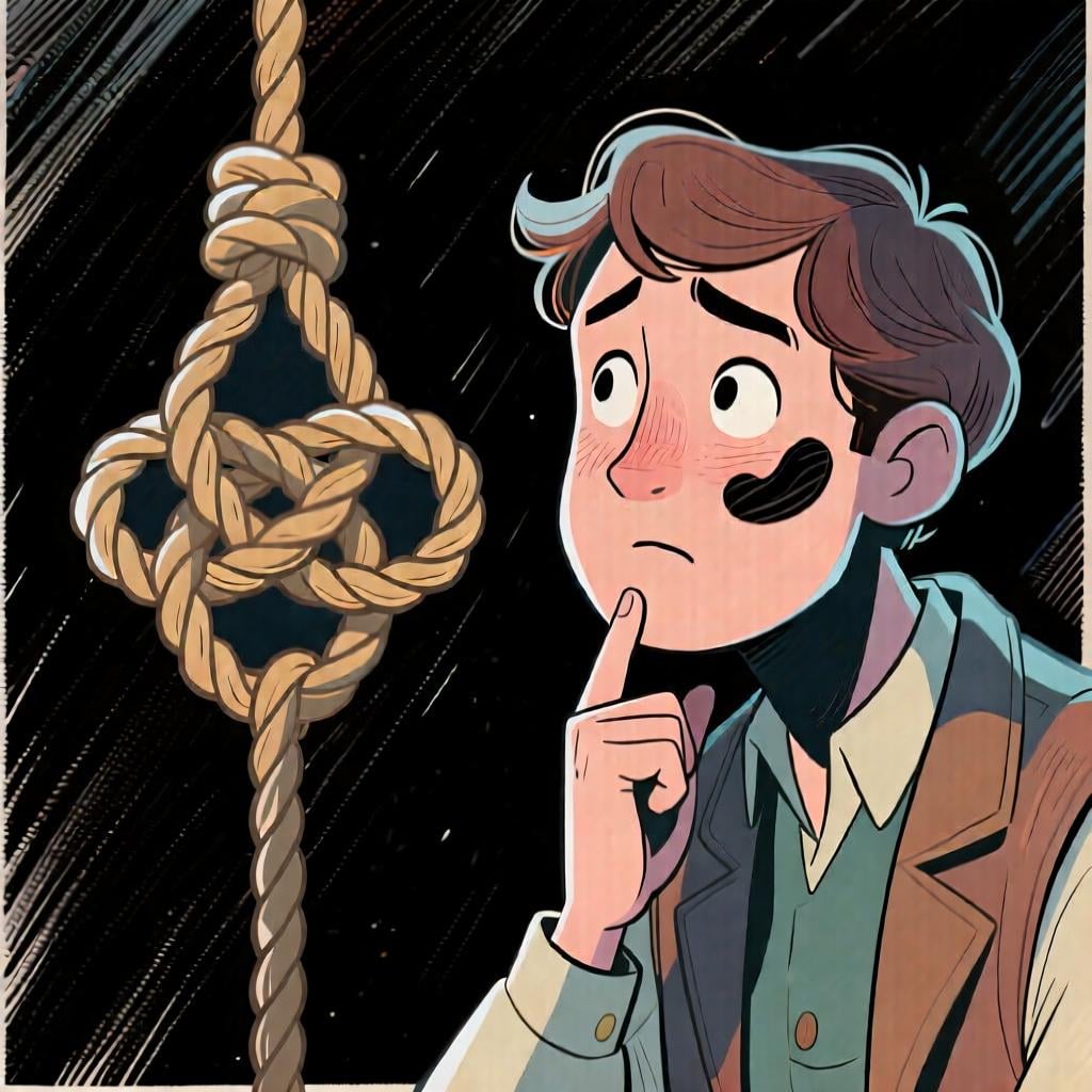 A person looking thoughtfully at a tangled rope, wondering how to untie it.