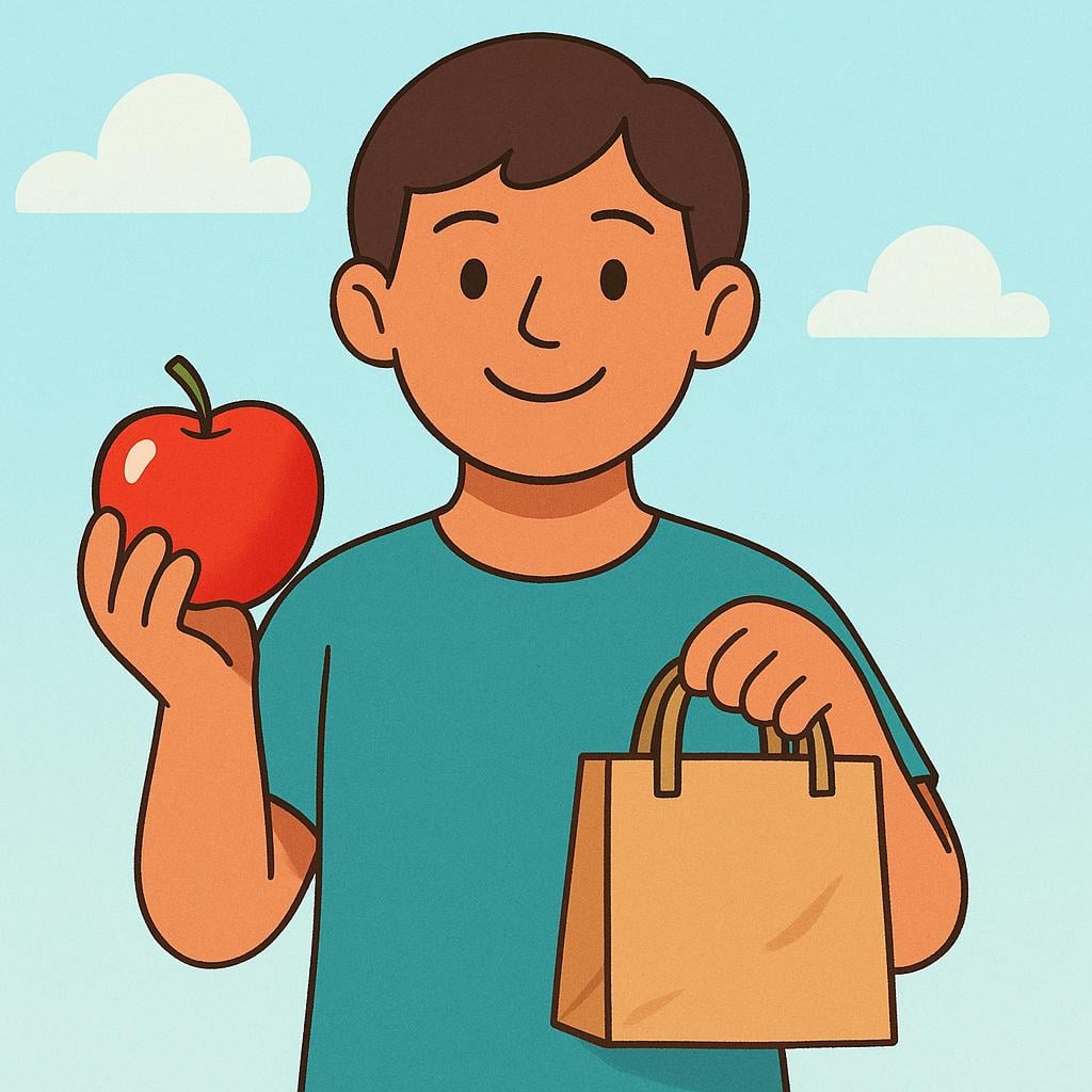 A brightly colored illustration of a person smiling while holding a freshly purchased bright red apple and a small paper shopping bag, indicating a completed transaction.