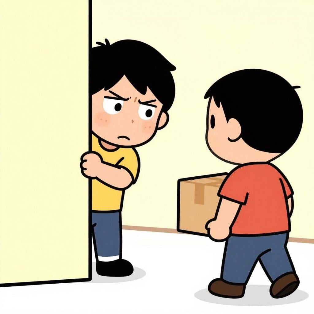 A person looking suspiciously over their shoulder at someone else holding a hidden object.