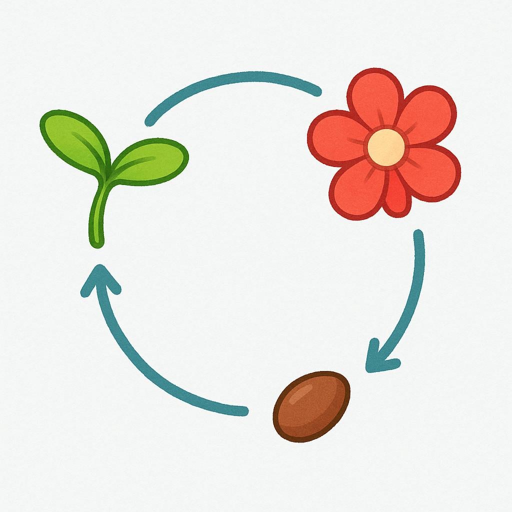 A simple illustration showing three distinct stages—a green sprout, a blooming flower, and a brown seed—connected by a circular arrow, symbolizing continuous repetition.