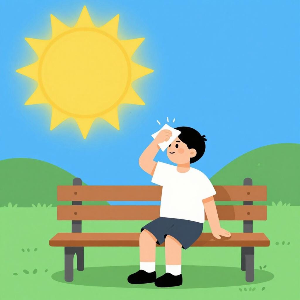A person sitting on a bench wiping sweat from their forehead under a bright yellow sun.