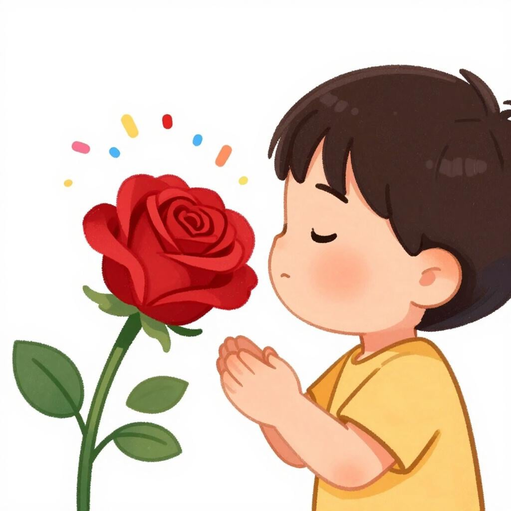 A child sniffing a bright red rose in a garden.