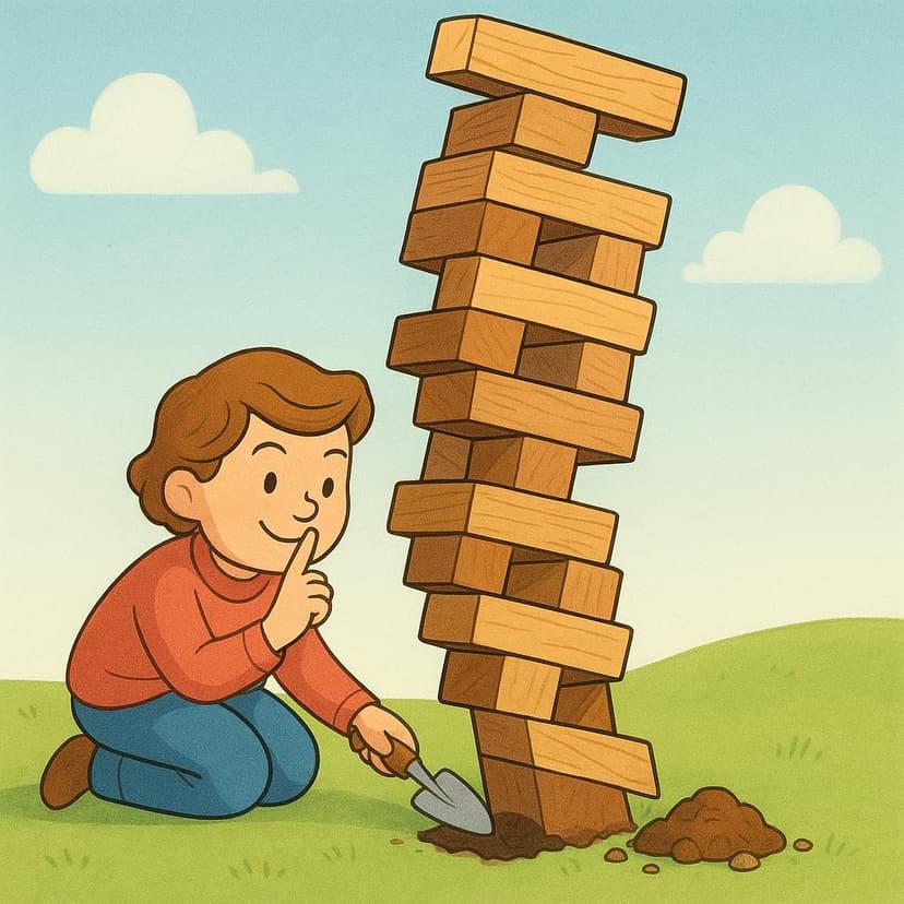 A storybook illustration showing a person kneeling and secretly digging away the ground beneath a leaning wooden tower, symbolizing undermining.