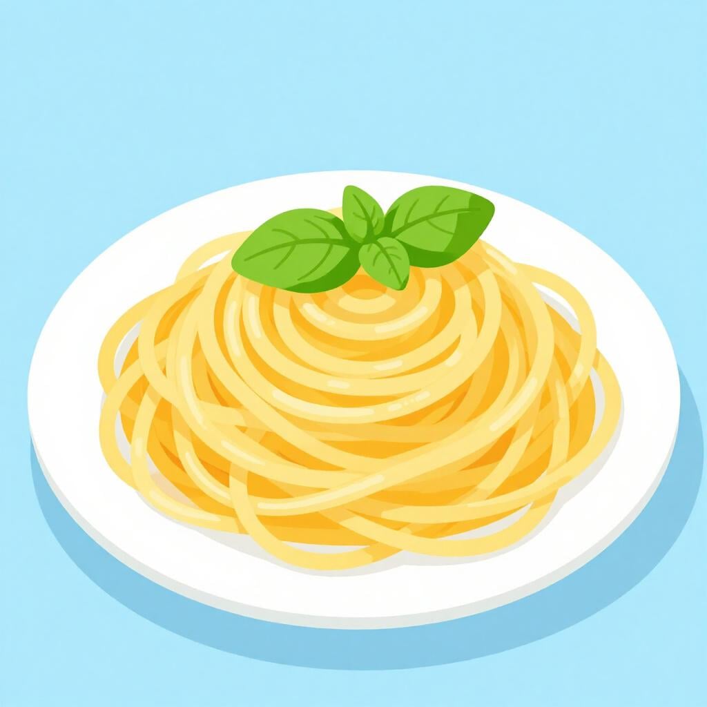 A white plate filled with a swirl of long, thin spaghetti noodles topped with a sprig of green basil.