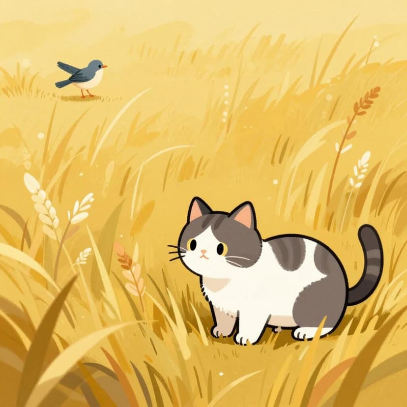 A cat crouching low in tall grass, focused intently on a bird.