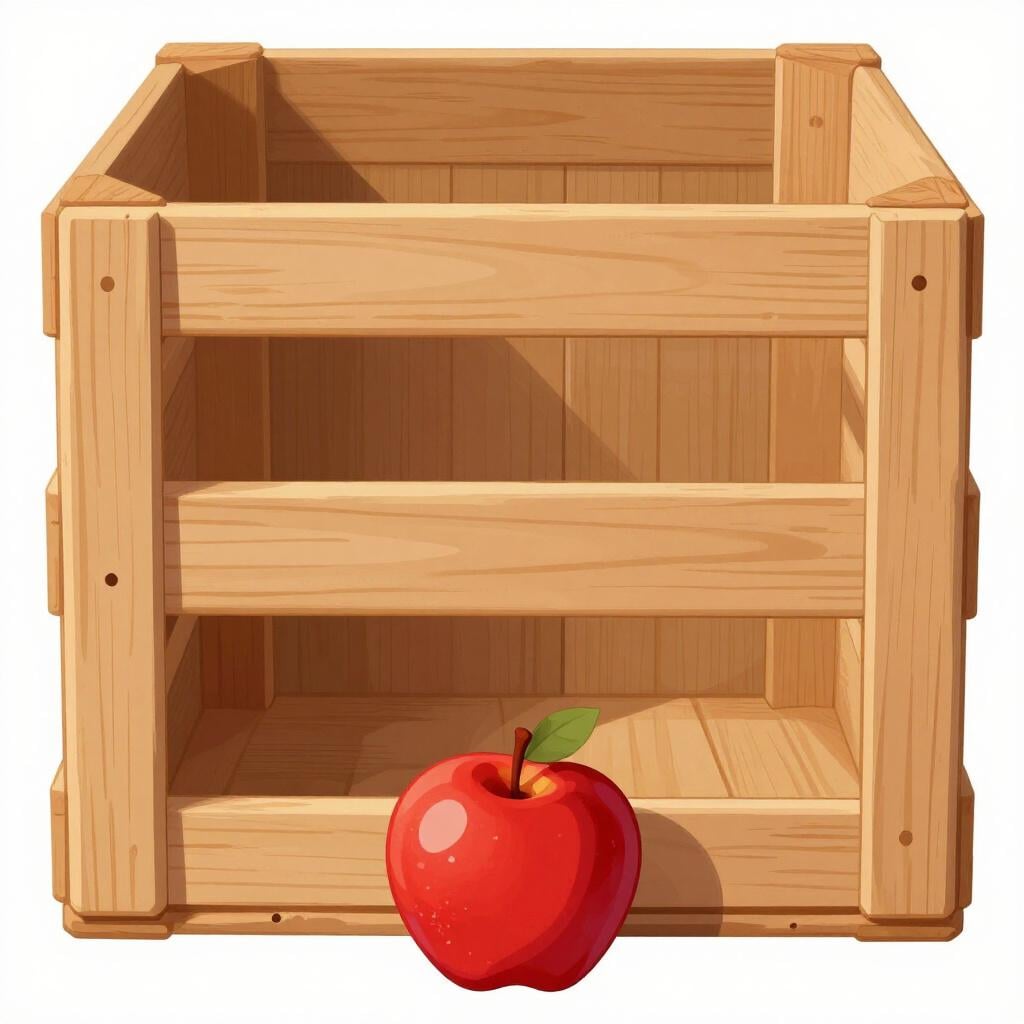 Ein einzelner Apfel sitzt allein unten in einer großen Holzkiste.