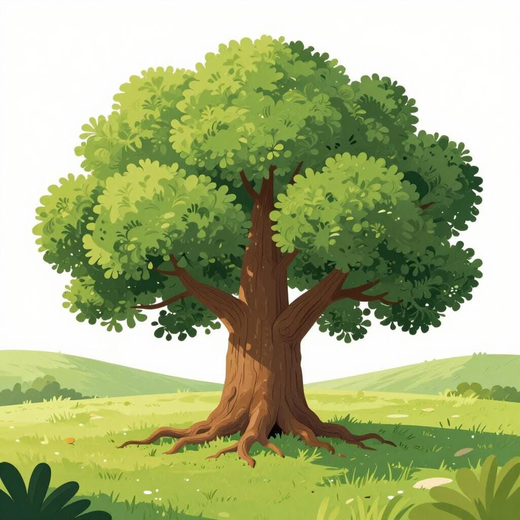 Een massieve, oude eik die alleen in een zonnig veld staat, wat uithoudingsvermogen en langdurigheid symboliseert.