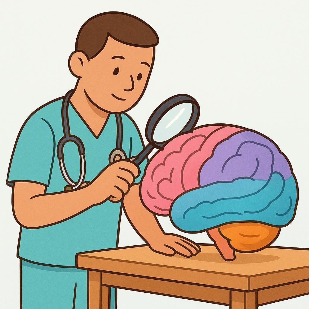 A focused doctor wearing scrubs and a stethoscope, gently examining a simple, large model of a human brain with a magnifying glass, symbolizing a medical specialty.