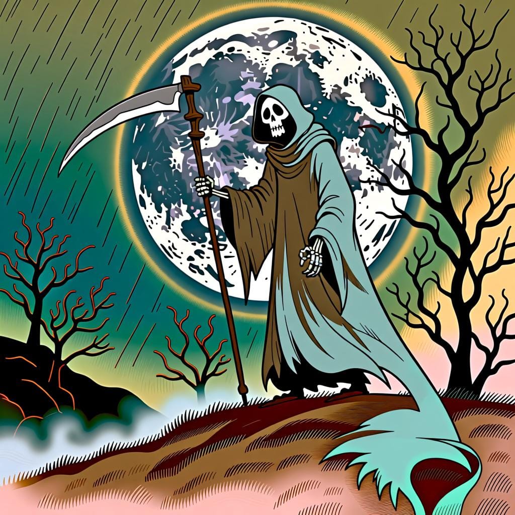 A depiction of the Grim Reaper, a skeletal figure in a long black hooded cloak holding a large scythe, symbolizing the personification of death.